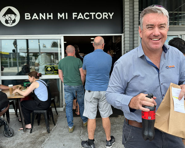 Andrew, Wire-Not Electrical grabbing lunch at his electrical client Bahn Mi Factory. 